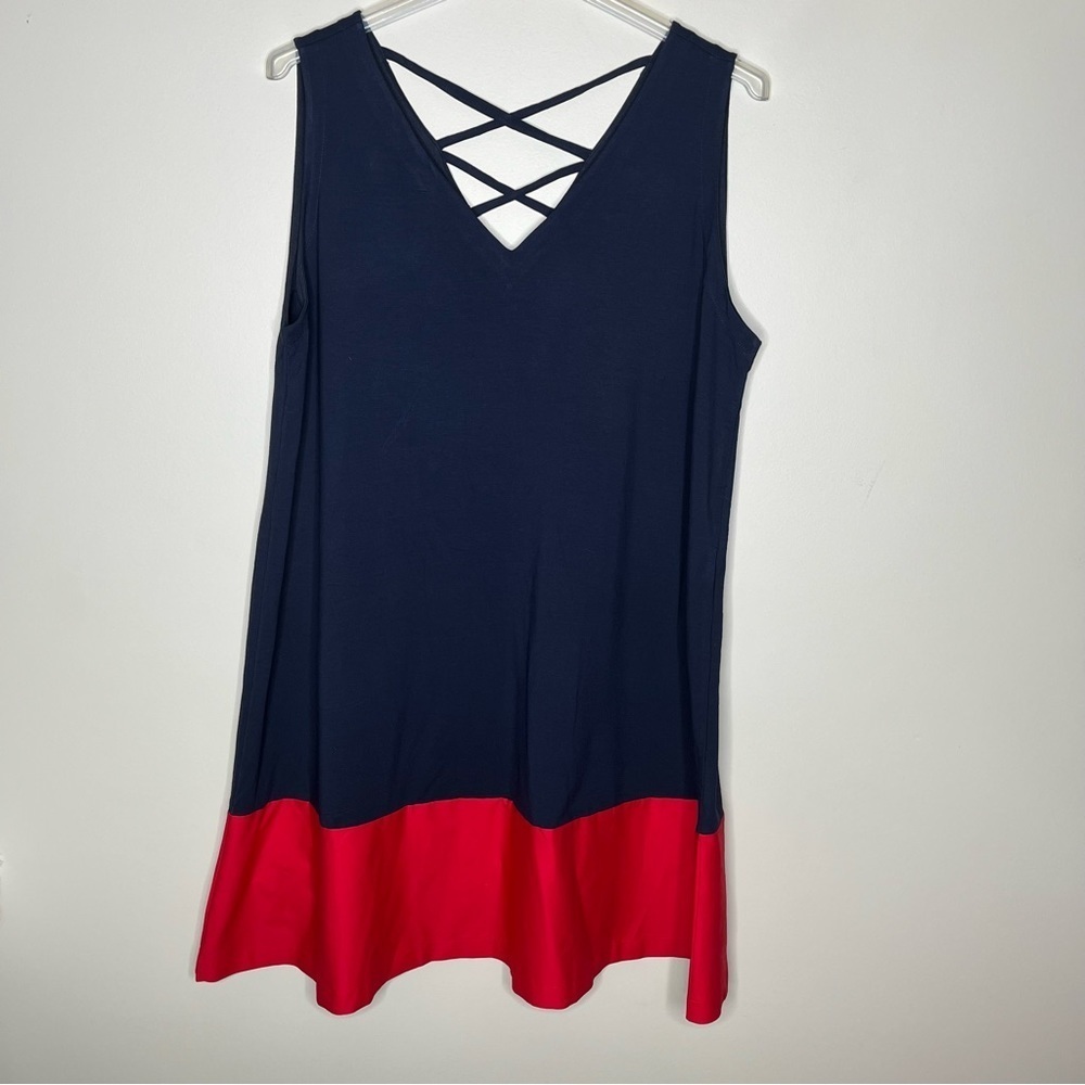 NWT LOFT Plus Shift Navy/Red Sleeveless V Neck Cross Straps Back Dress SZ 20/22 - Picture 4 of 12